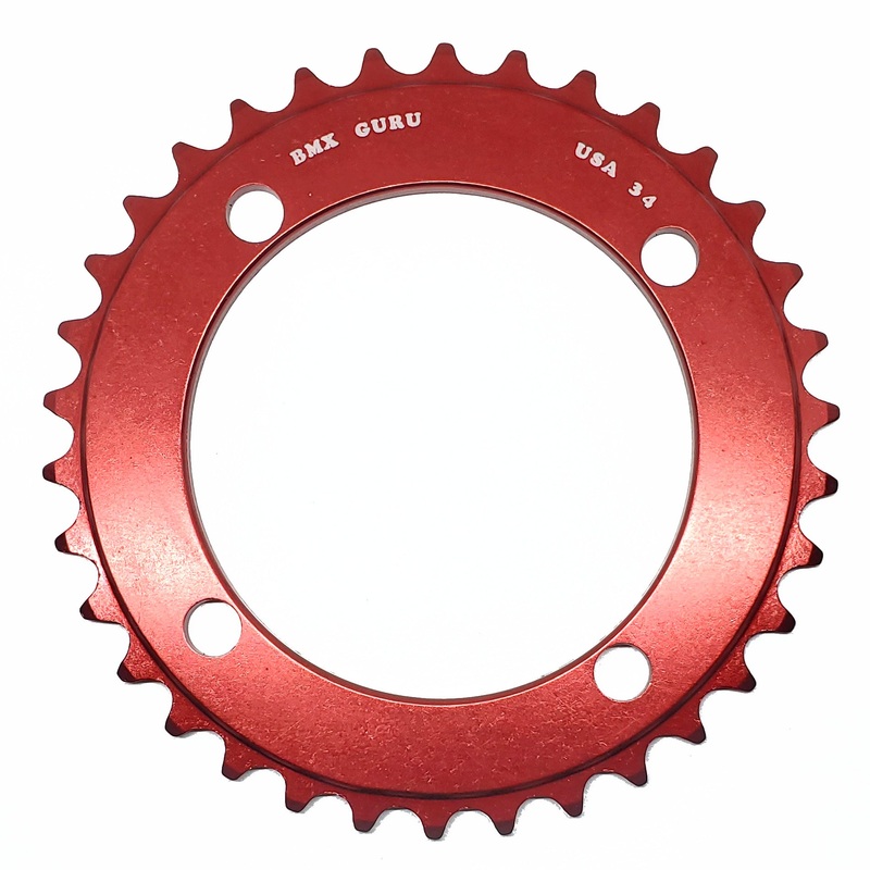 BMXGuru 34t BMX Chainring - Red - 104mm 4-bolt - USA Made