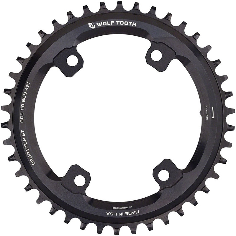 Wolf Tooth Shimano 110 Asymmetric BCD Chainring - 42t, 110 Asymmetric BCD, 4-Bolt, Drop-Stop ST, For Shimano GRX Cranks, Black