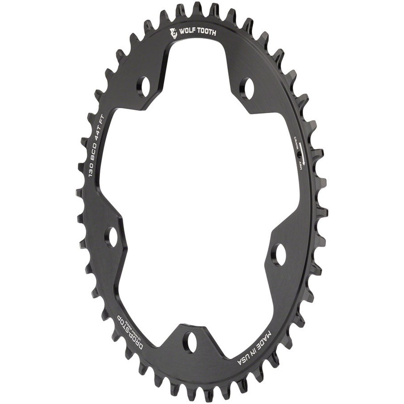 Wolf Tooth 130 BCD Road and Cyclocross Chainring - 44t, 130 BCD, 5-Bolt, Drop-Stop, 10/11/12-Speed Eagle and Flattop Compatible, Black