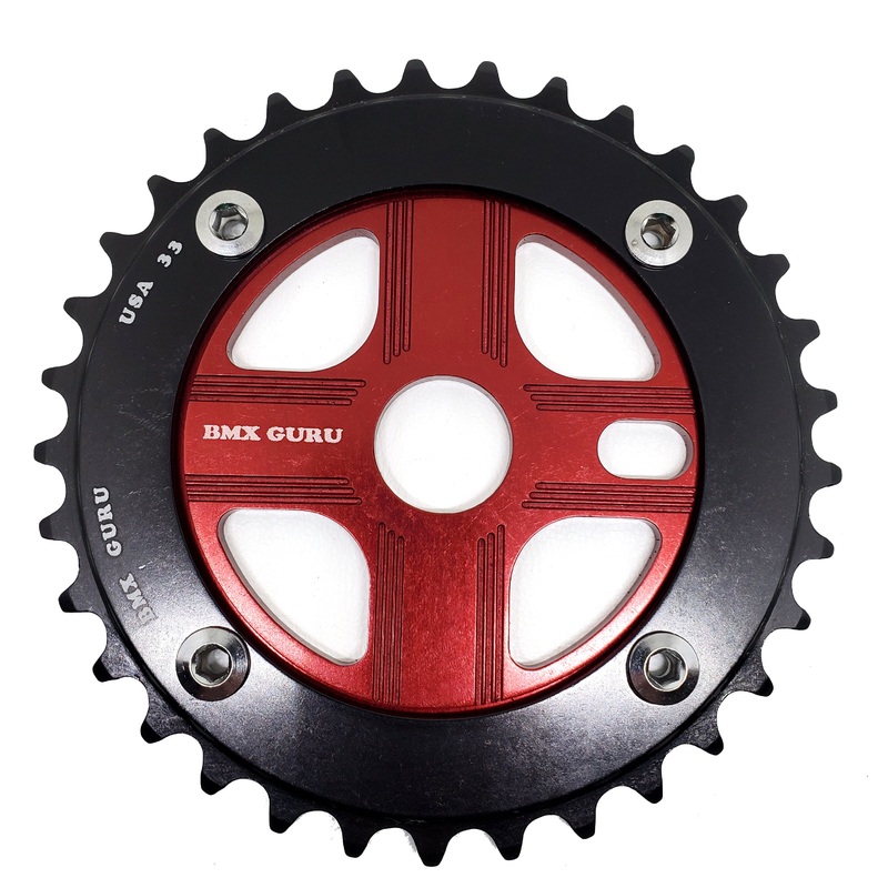 BMXGuru 33T Aluminum Spider & 4-bolt Chainring Combo - Black over Red - USA Made