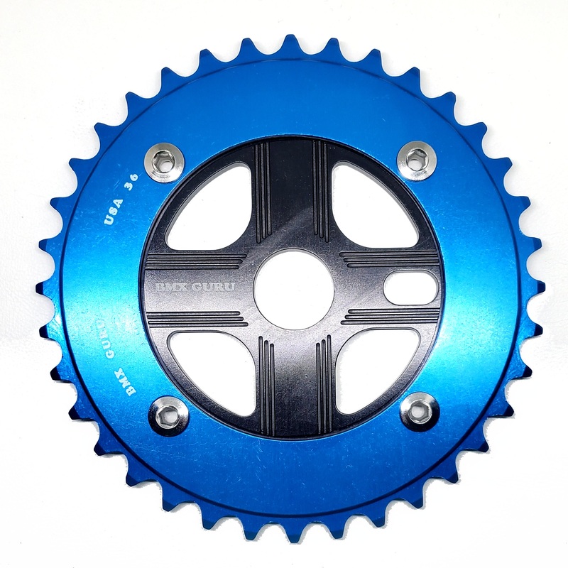 BMXGuru 36T Aluminum Spider & 4-bolt Chainring Combo - Blue over Black - USA Made
