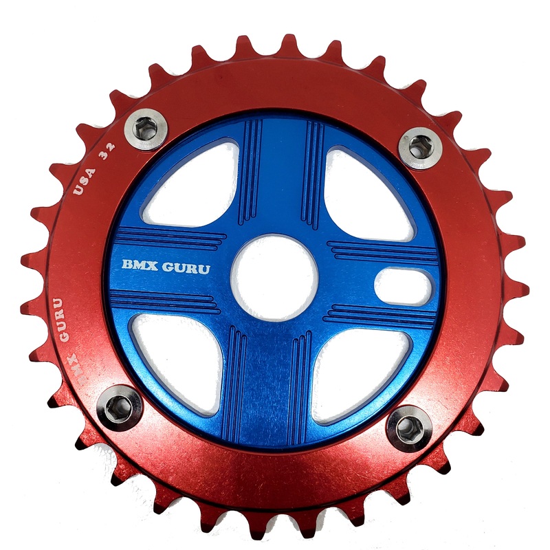 BMXGuru 32T Aluminum Spider & 4-bolt Chainring Combo - Red over Blue - USA Made